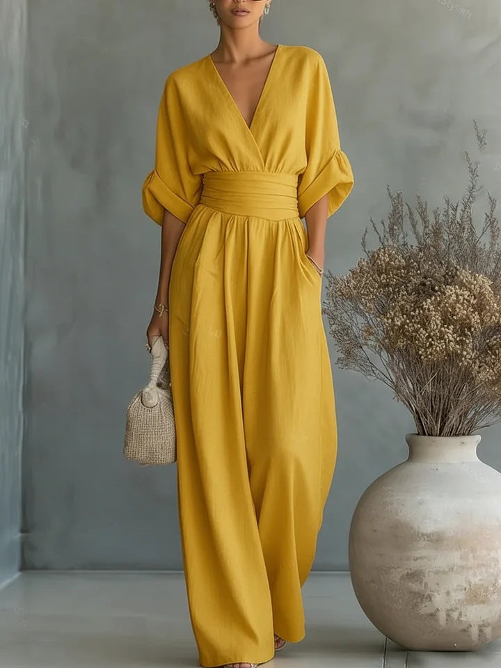 Combinaison Femme Élégante Décolleté V Coupe Fluide Jambes Larges