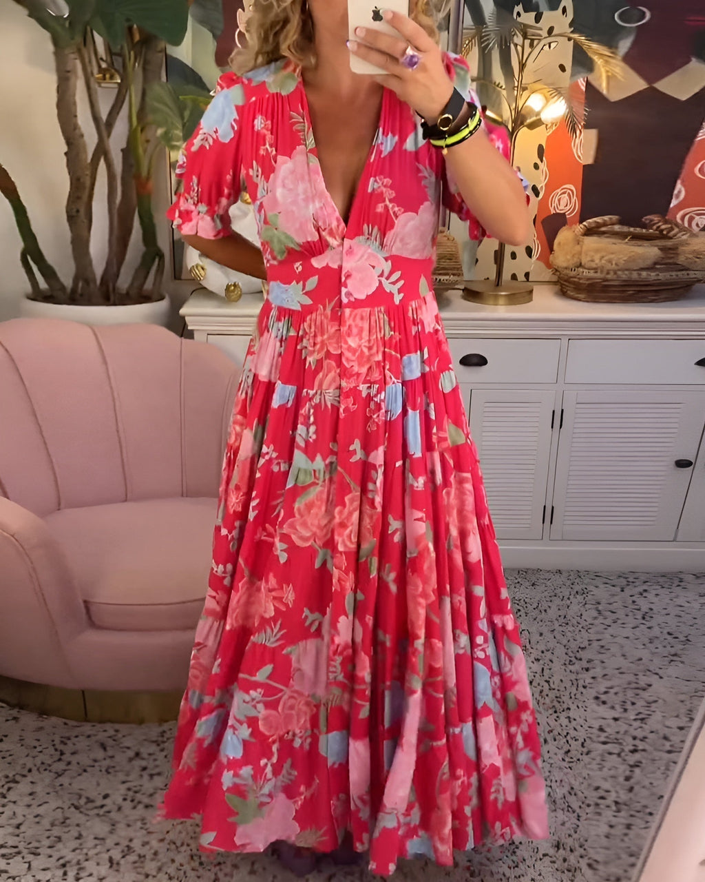 Carine | Robe Fleurie avec Décolleté en V et Poches