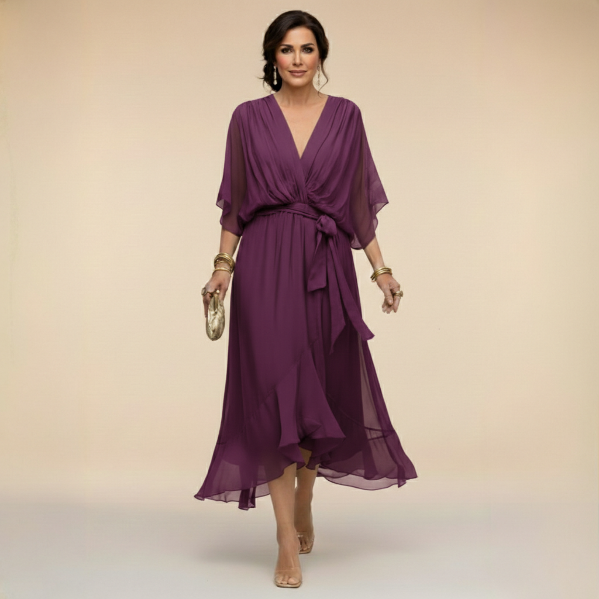 Robe Femme Chiffon Fluide Col V Coupe Élégante Ceinturée