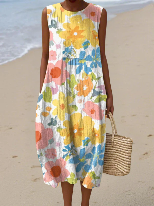 Tazira - Robe Femme Été Fluide Imprimé Artistique Sans Manches Confort Léger