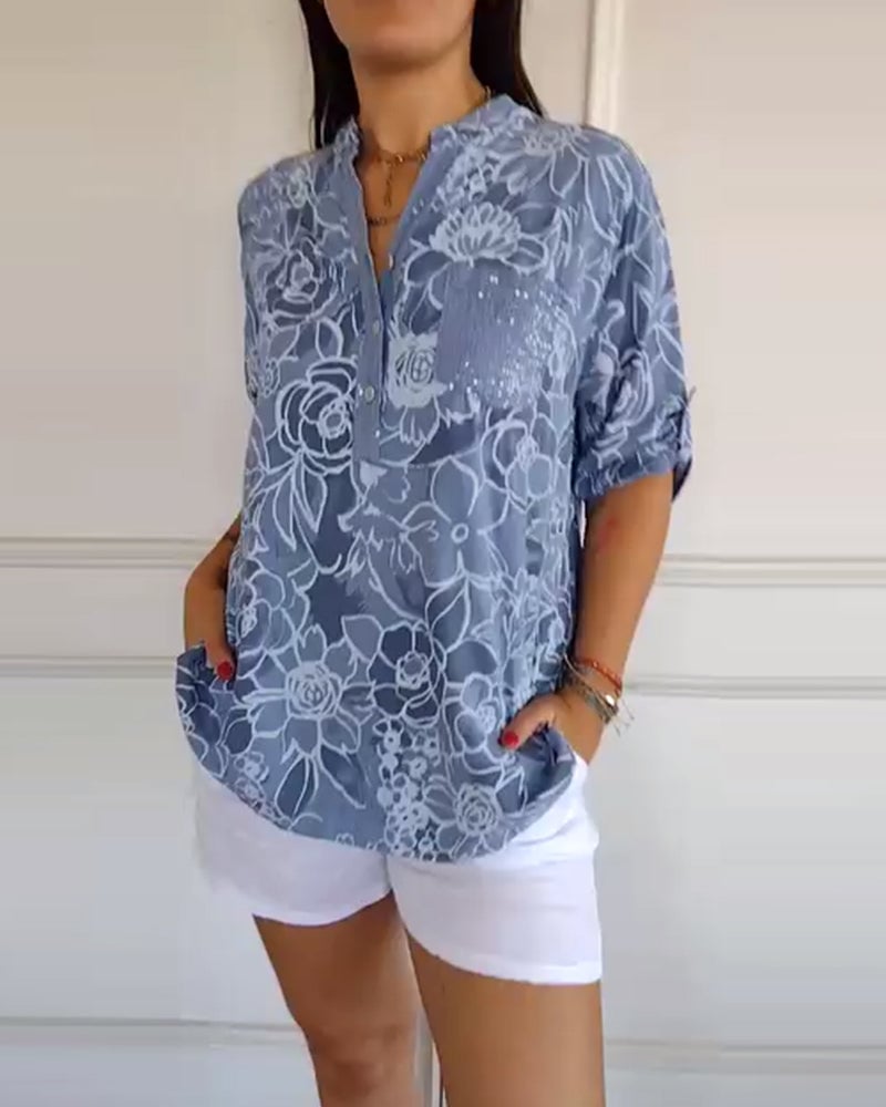Blouse Imprimée Boutonnée à Col V