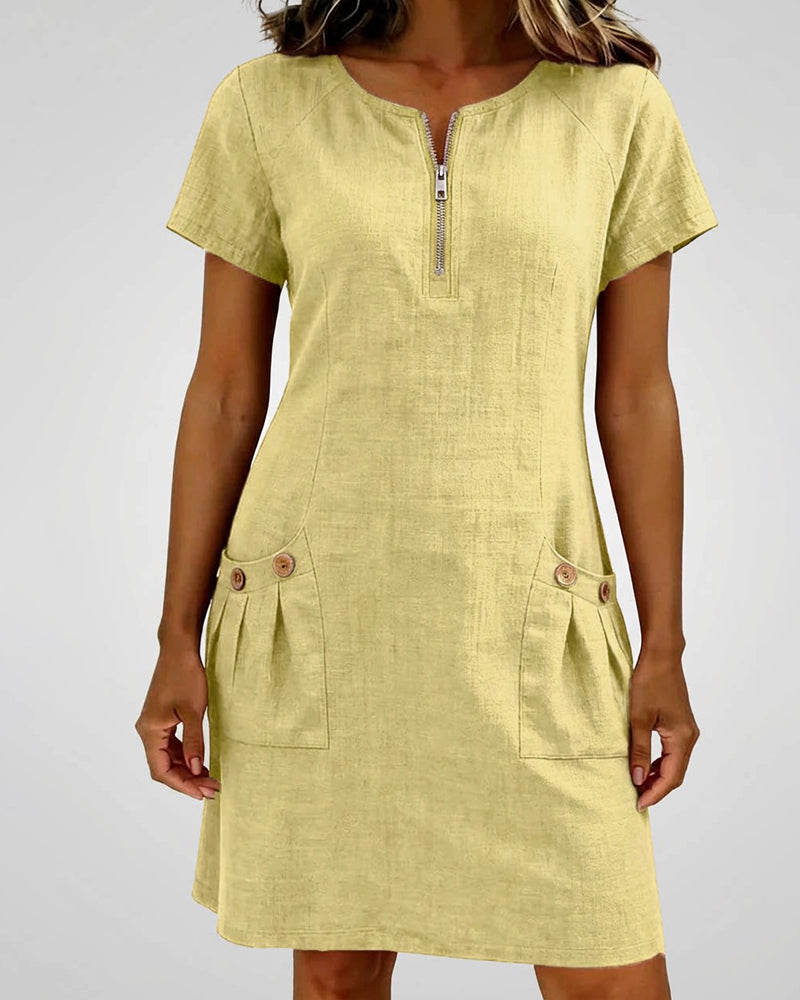 Kovira - Robe Courte Coton Lin avec Fermeture Éclair et Poches