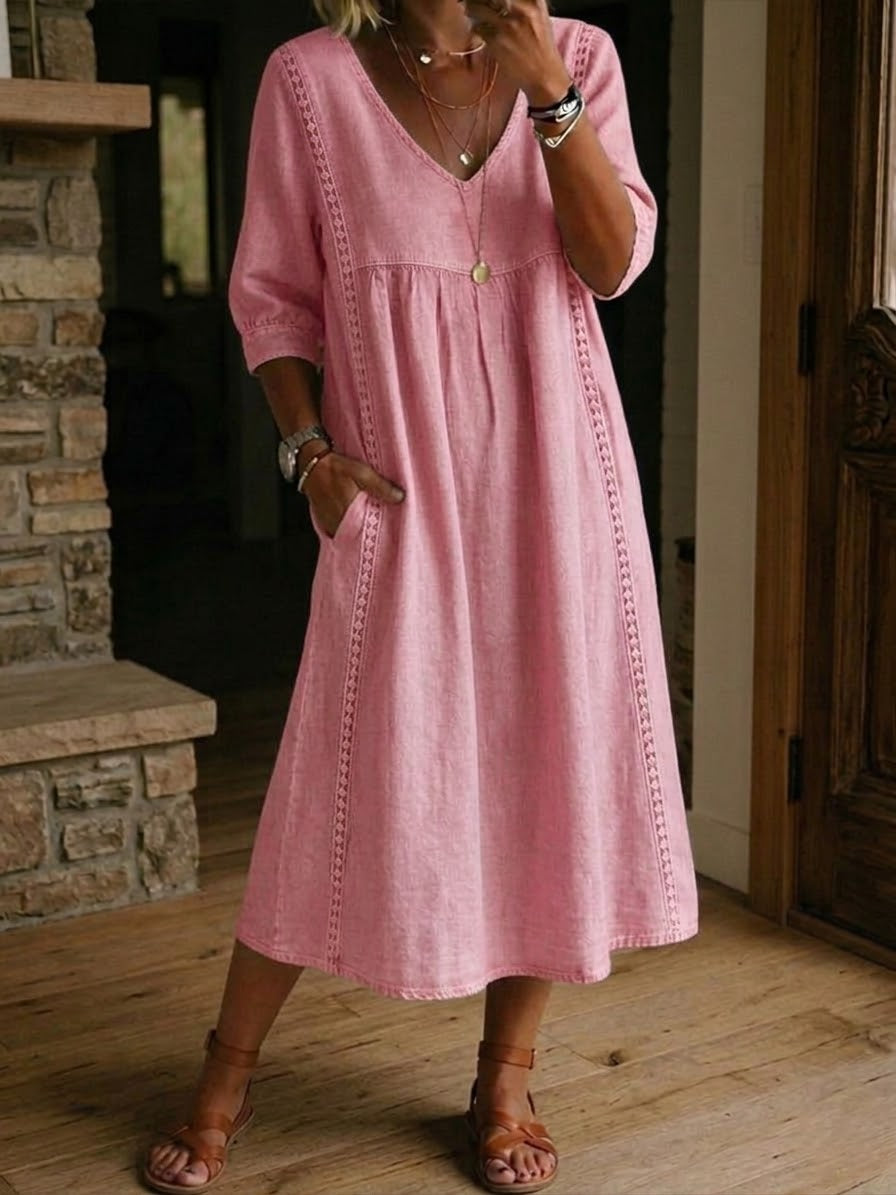 Jaxine - Robe Femme Patchwork Dentelle Coton Lin Décontractée Été