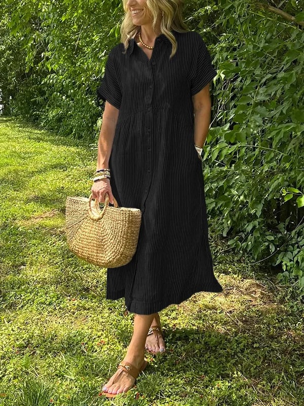 Robe femme maxi fluide boutonnée col rond manches courtes élégante été