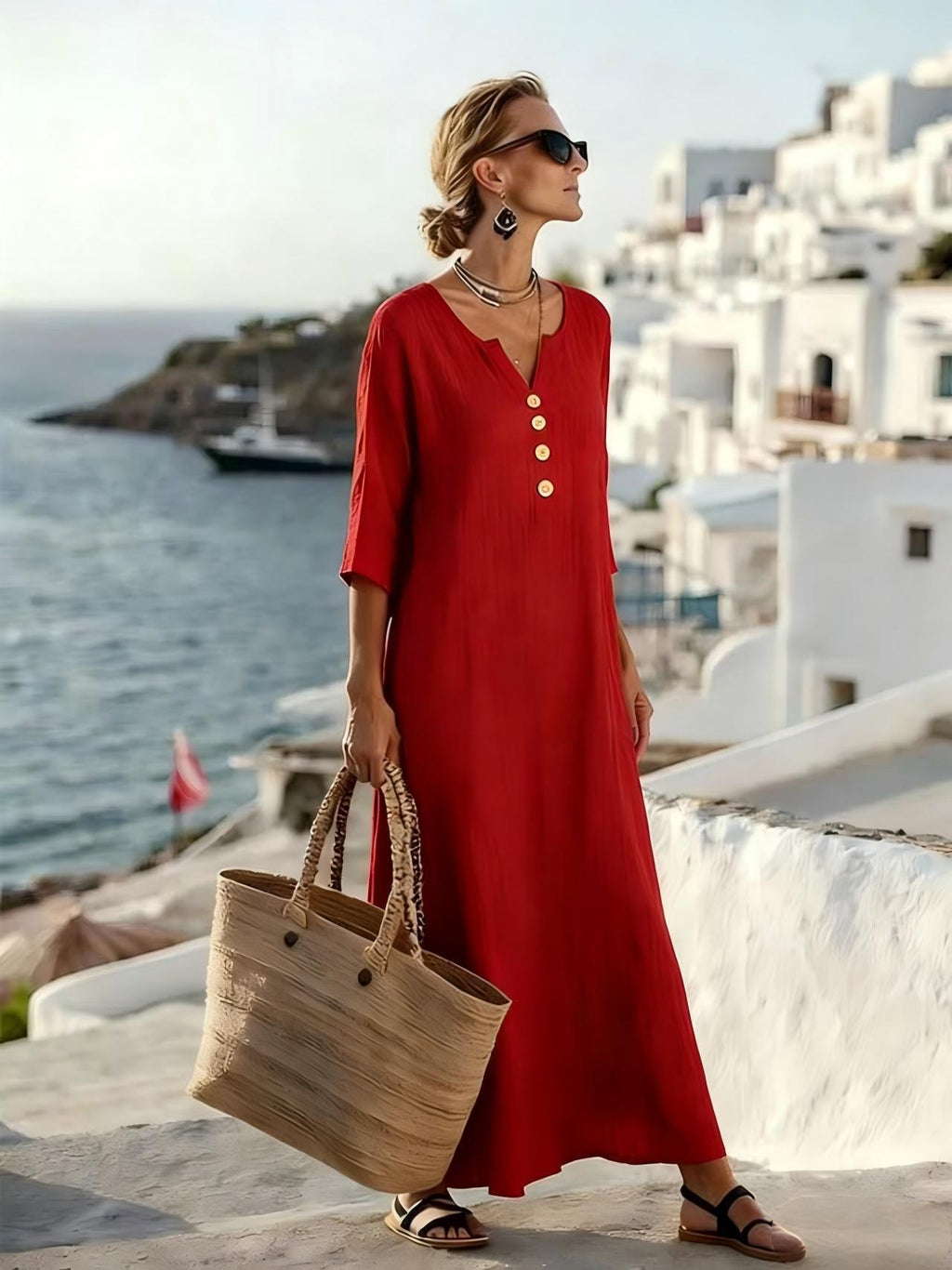 Robe Femme Coton Lin Boutonnée Manches 3/4 Coupe Ample Élégante