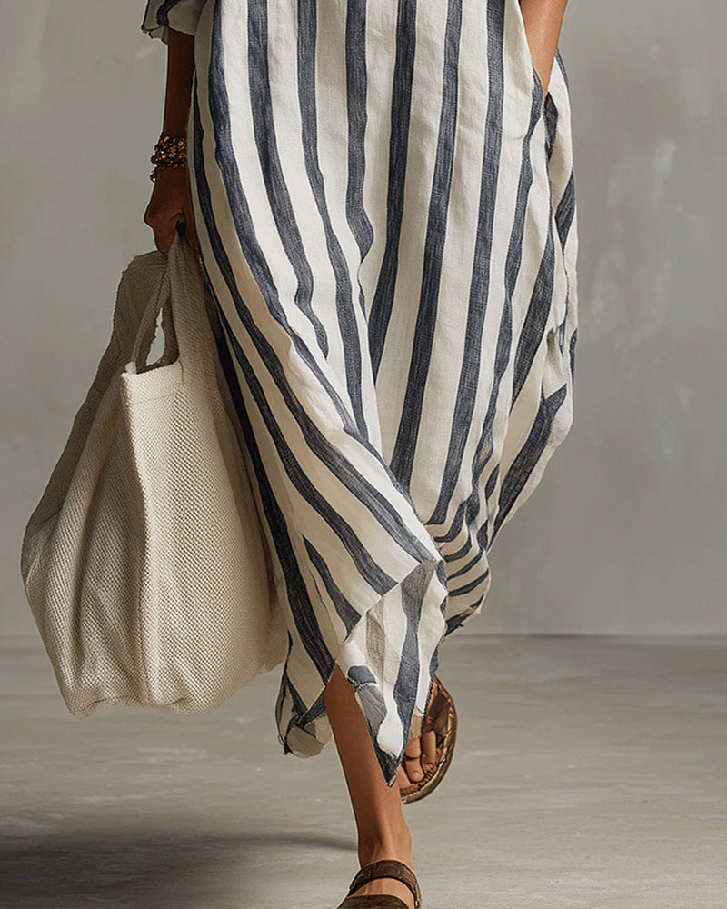 Robe femme maxi rayée fluide col revers manches longues chic décontractée