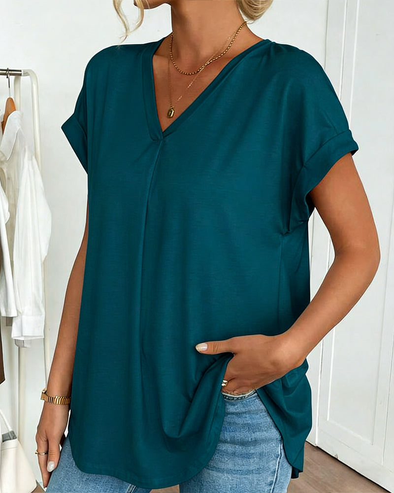 T-Shirt Uni à Manches Courtes avec Motif Patchwork