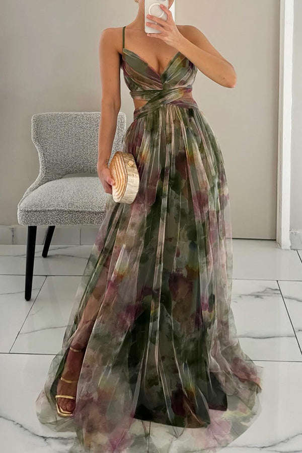 Robe femme maxi fluide imprimé floral bretelles fines col V – élégante été