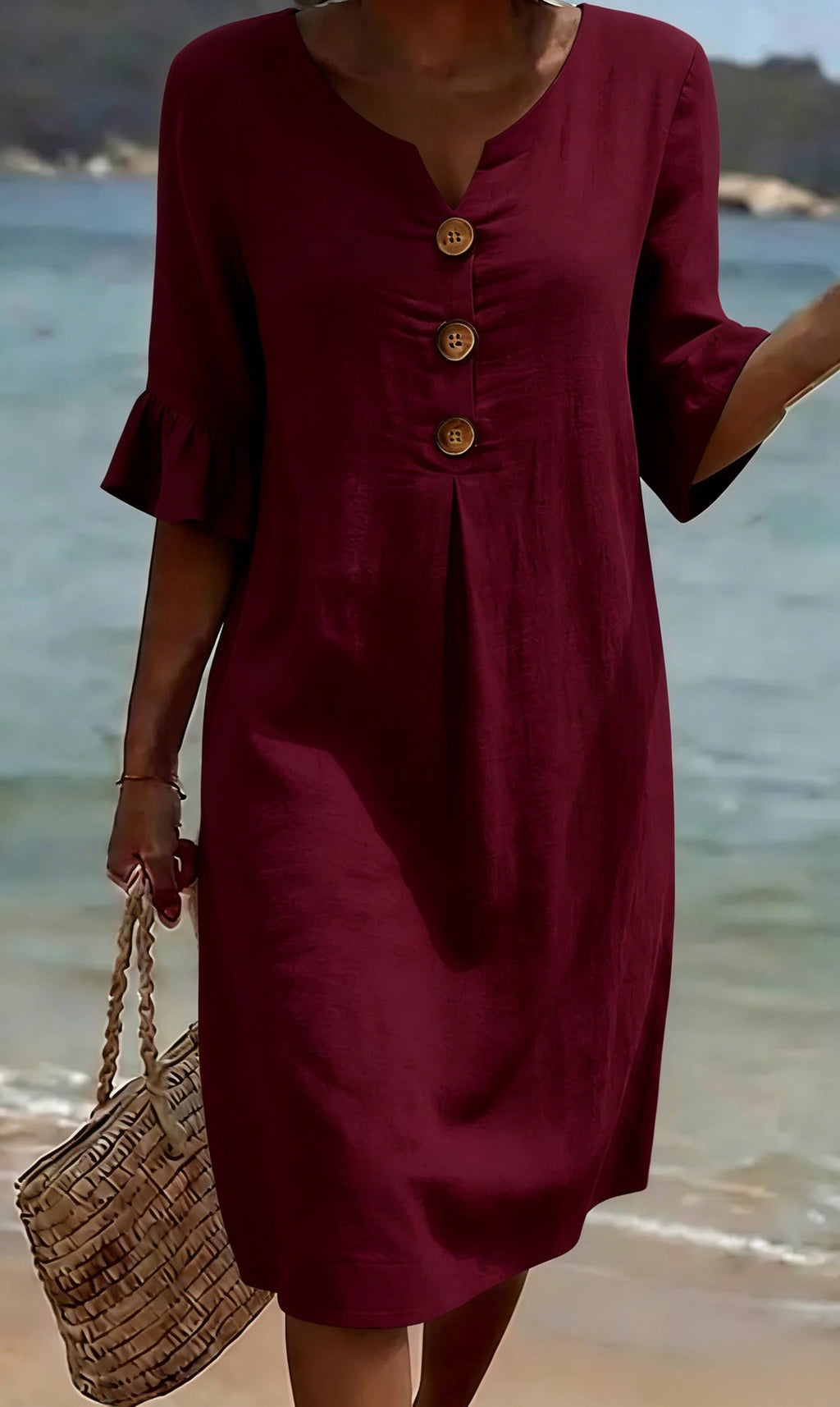 Beatrix - Robe Femme Coton Lin Coupe Fluide Boutons Manches Évasées Élégante