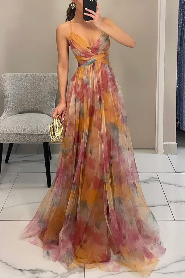 Robe femme maxi fluide imprimé floral bretelles fines col V – élégante été