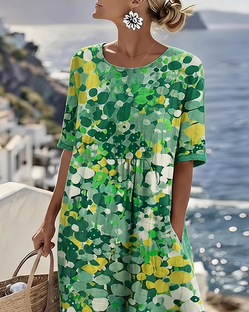 Averixa - Robe femme mi-longue imprimé floral abstrait coton lin été