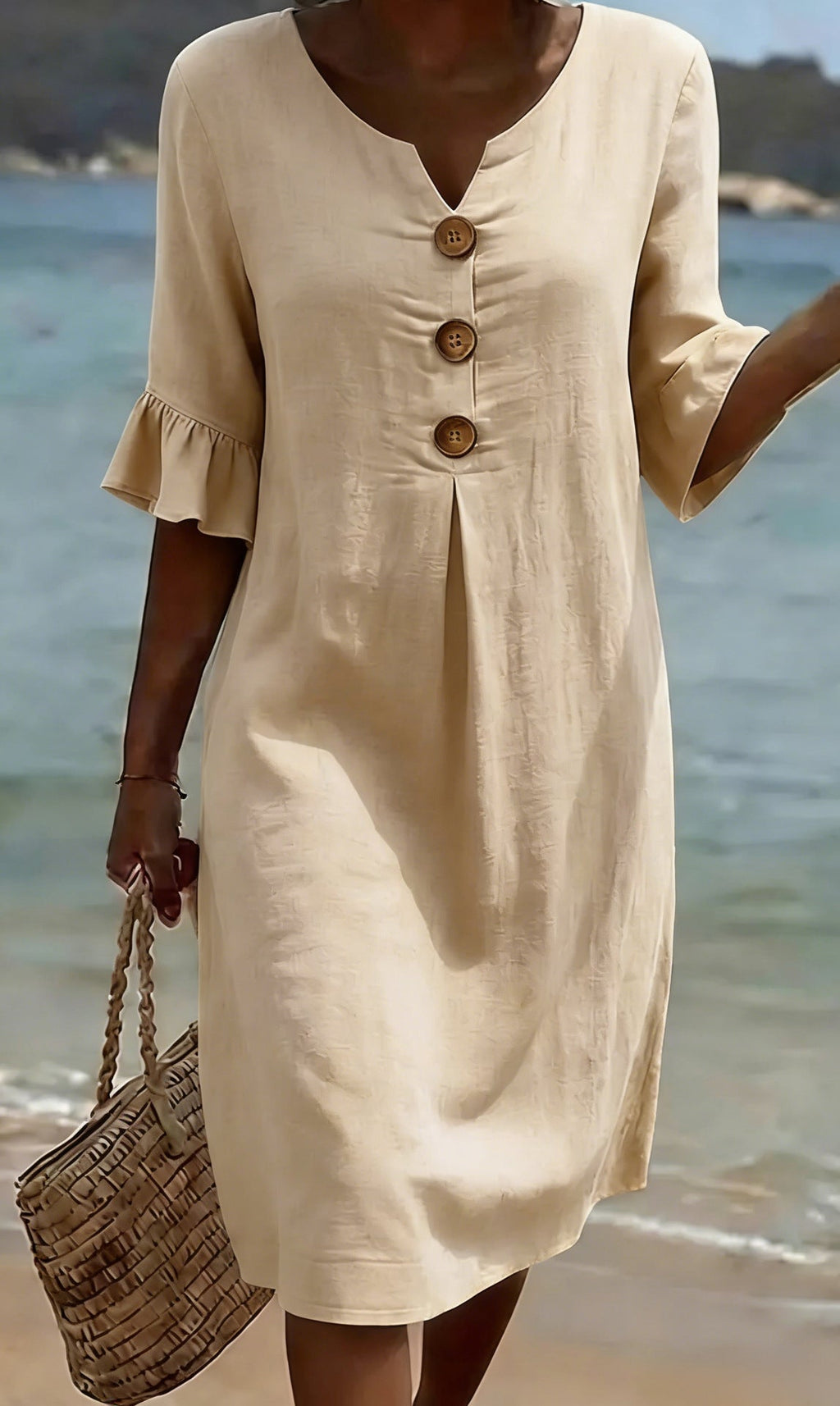 Beatrix - Robe Femme Coton Lin Coupe Fluide Boutons Manches Évasées Élégante