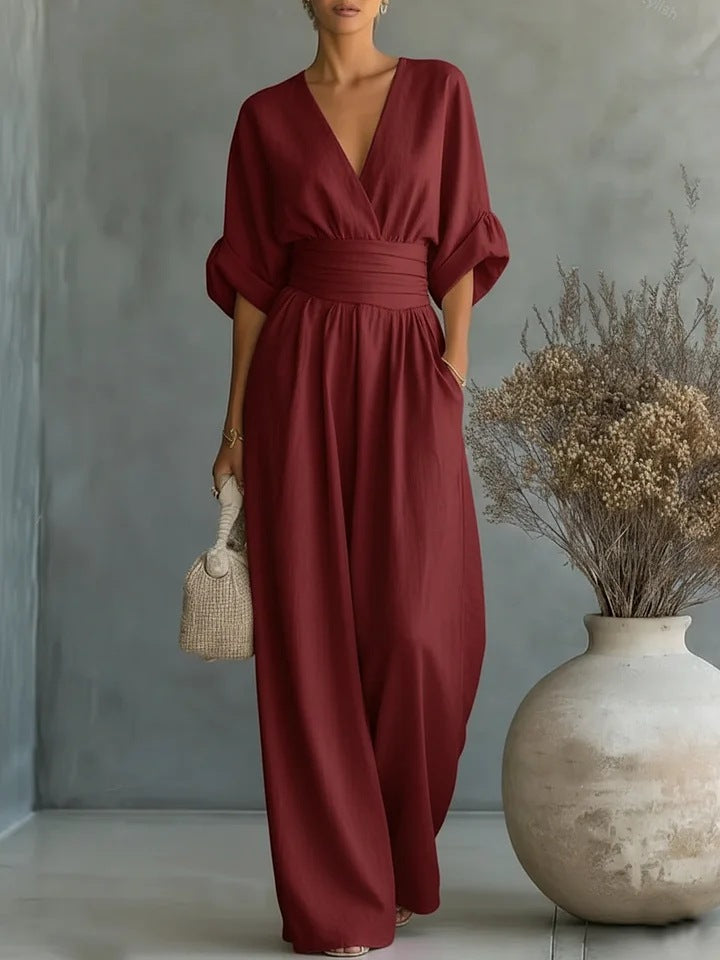 Combinaison Femme Élégante Décolleté V Coupe Fluide Jambes Larges