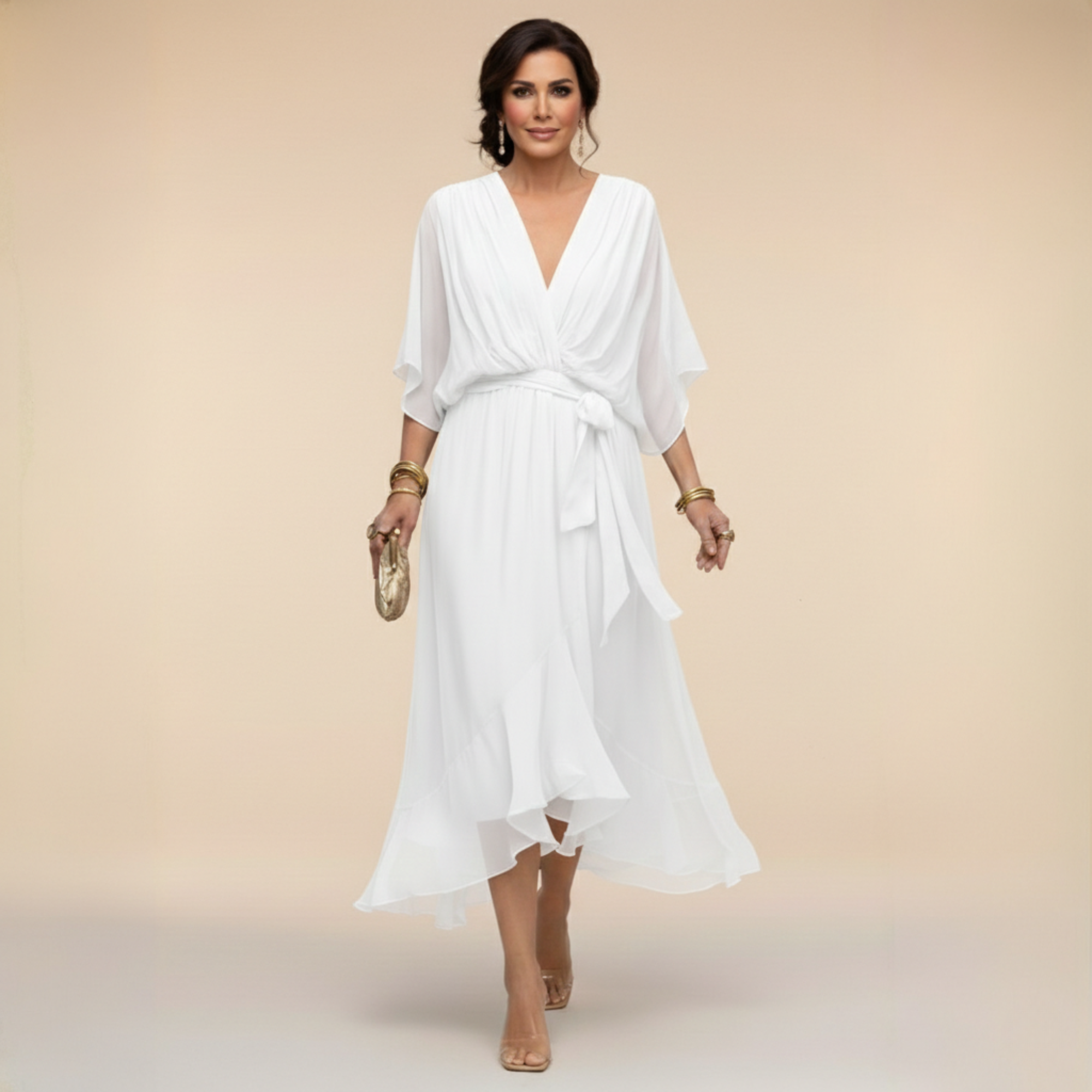 Robe Femme Chiffon Fluide Col V Coupe Élégante Ceinturée