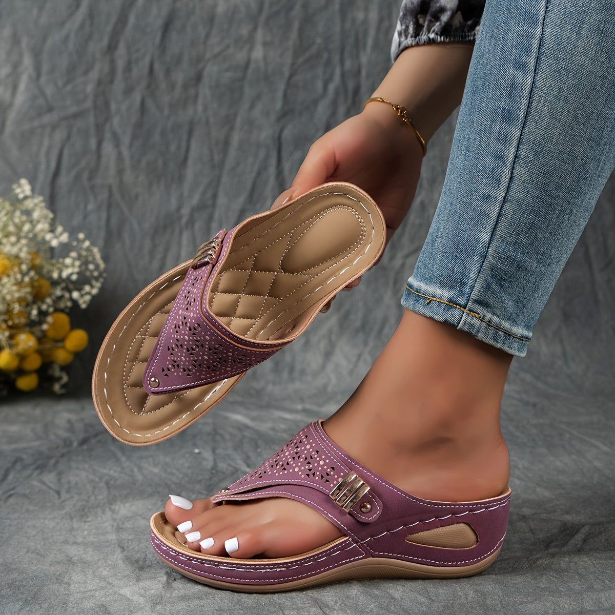 Tongs Compensées Femme à Support Voûte Plantaire Ergonomique