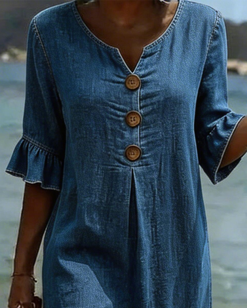 Fynorae - Robe femme en jean manches volants coupe fluide été plage