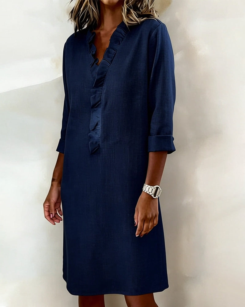 Robe Femme Col V Volants Coupe Droite Chic Décontractée