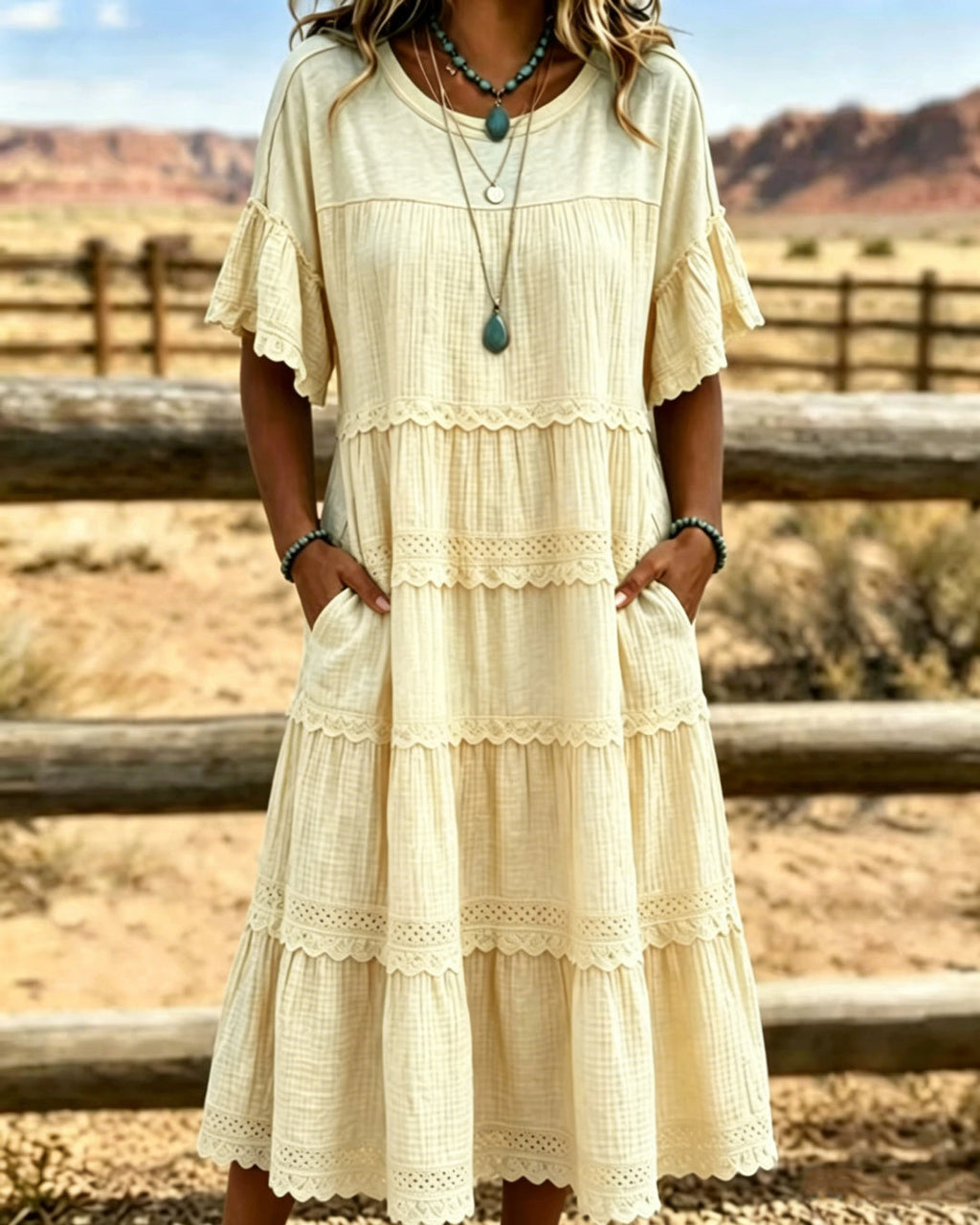 Rosalynne - Robe midi femme en coton et lin à volants