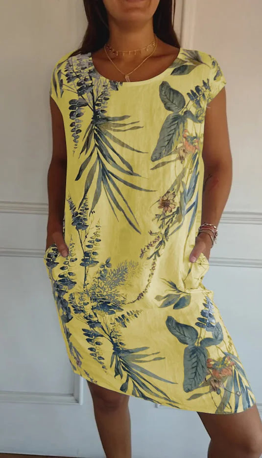 Robe d'été imprimée en coton et lin pour femmes avec poches
