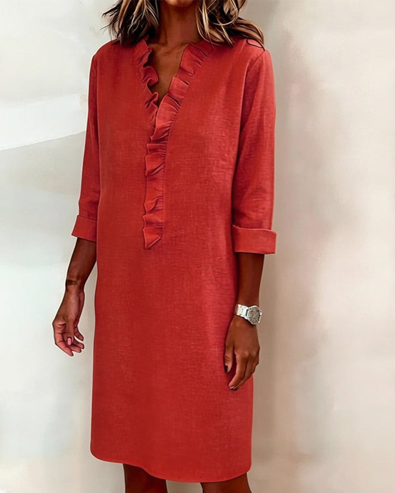 Robe Femme Col V Volants Coupe Droite Chic Décontractée