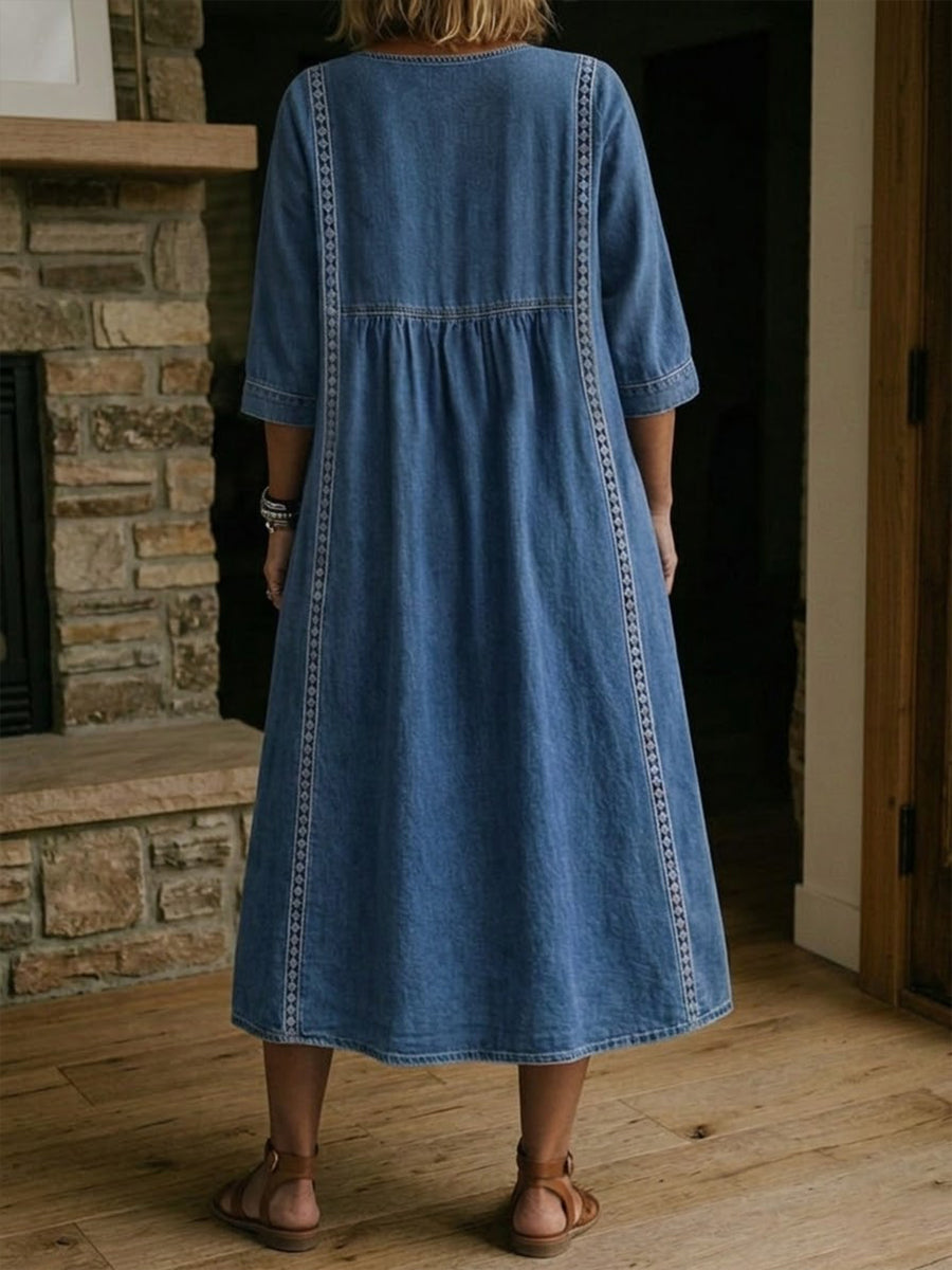 Robe Femme Denim Fluide Col V Détails Dentelle Style Décontracté Élégant