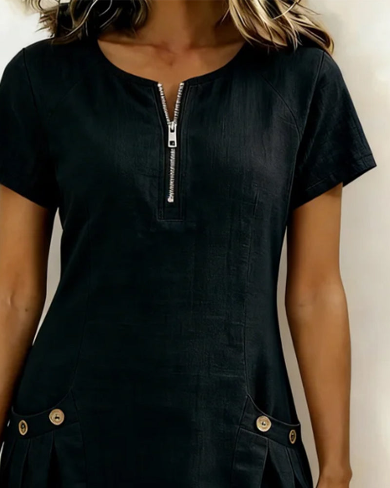 Kovira - Robe Courte Coton Lin avec Fermeture Éclair et Poches