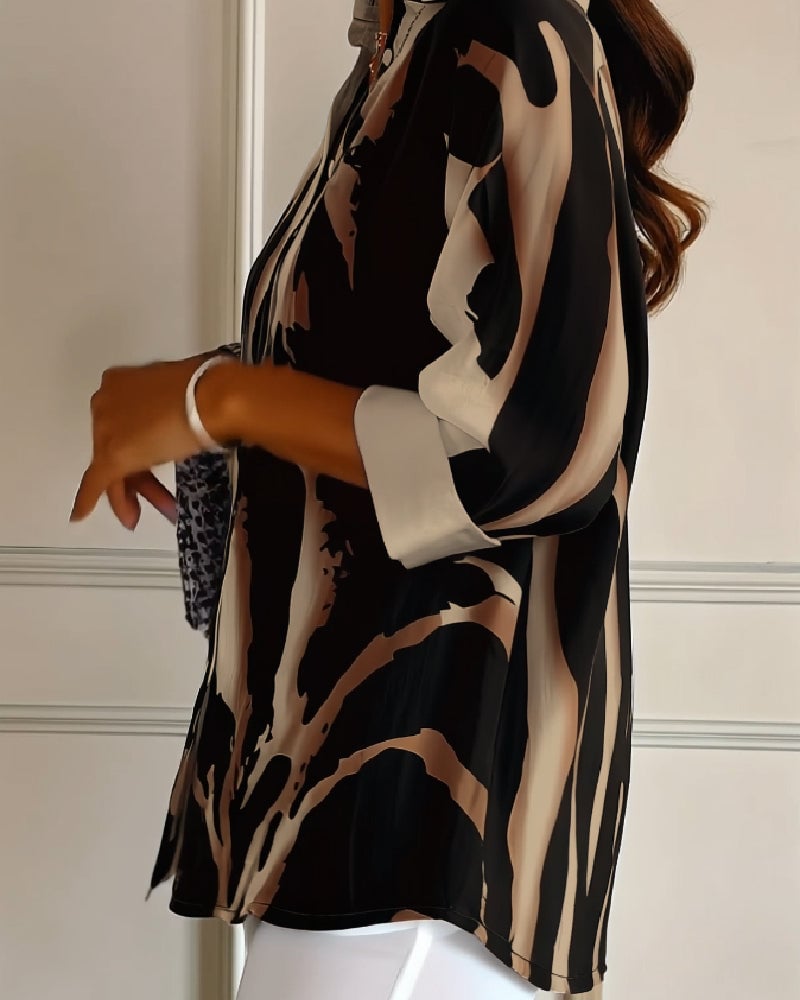 Blouse Imprimée Irregulière à Col Montant
