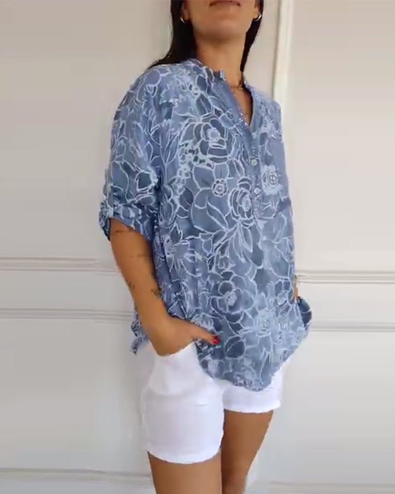 Blouse Imprimée Boutonnée à Col V