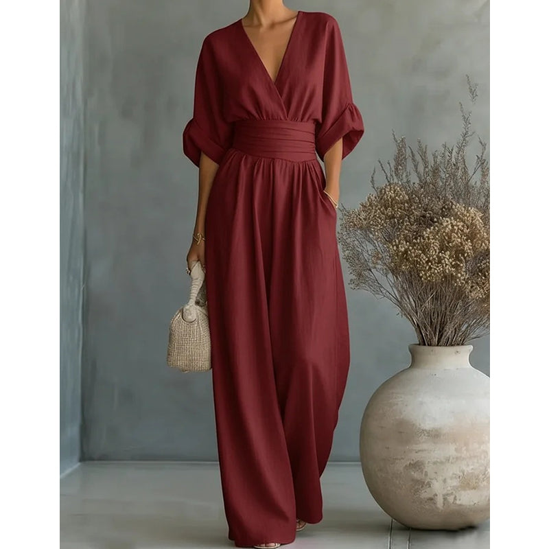 Combinaison Femme Élégante Décolleté V Coupe Fluide Jambes Larges