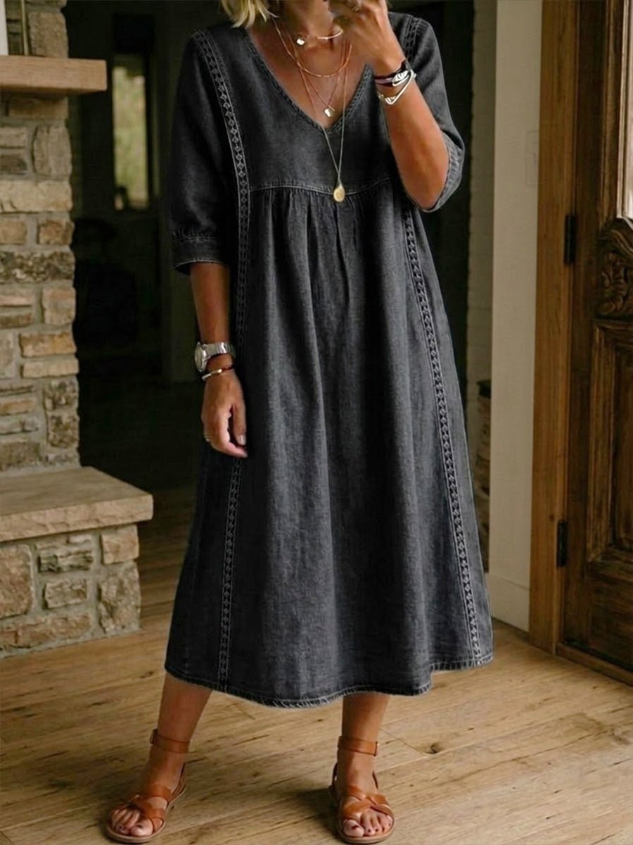Robe Femme Denim Fluide Col V Détails Dentelle Style Décontracté Élégant