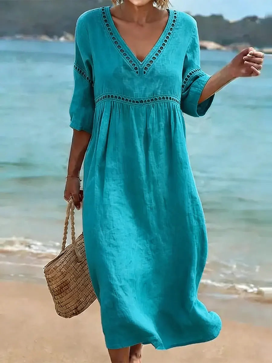 Robe Femme Coton Col V Coupe Fluide Style Décontracté Élégant