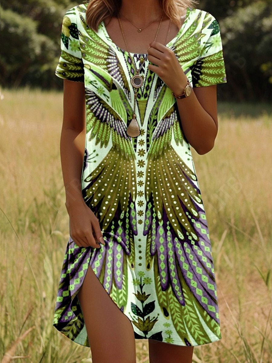 Nivara - Robe à Col Rond avec Imprimé Indien à Manches Courtes