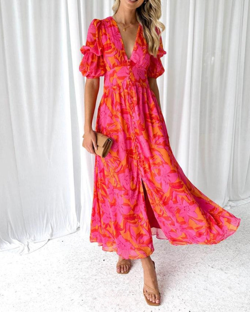 Robe Femme Longue Fluide Imprimée Col V Élégante Été