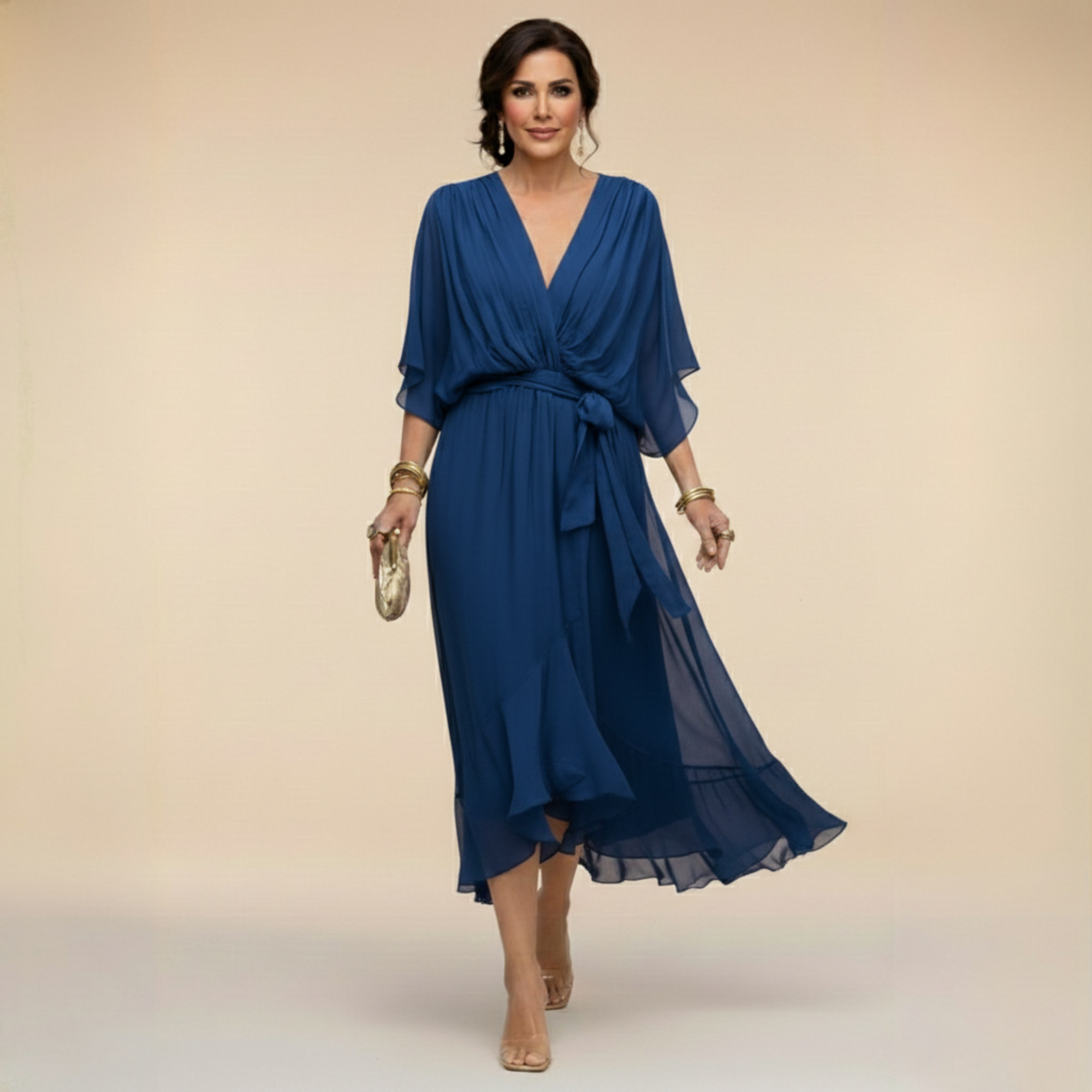 Robe Femme Chiffon Fluide Col V Coupe Élégante Ceinturée