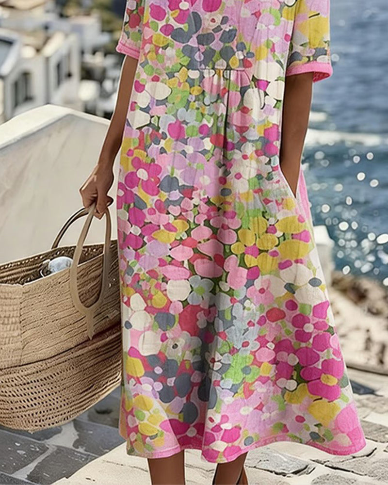 Robe Midi Femme Coton Lin Imprimé Floral Abstrait Poches Manches Courtes