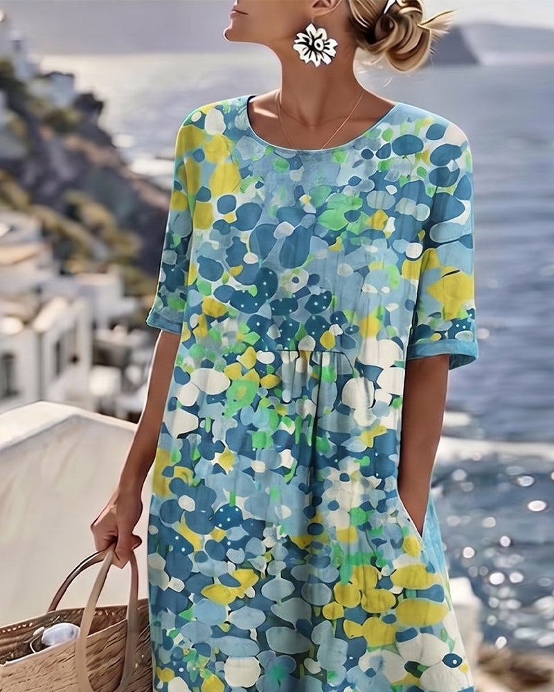 Averixa - Robe femme mi-longue imprimé floral abstrait coton lin été