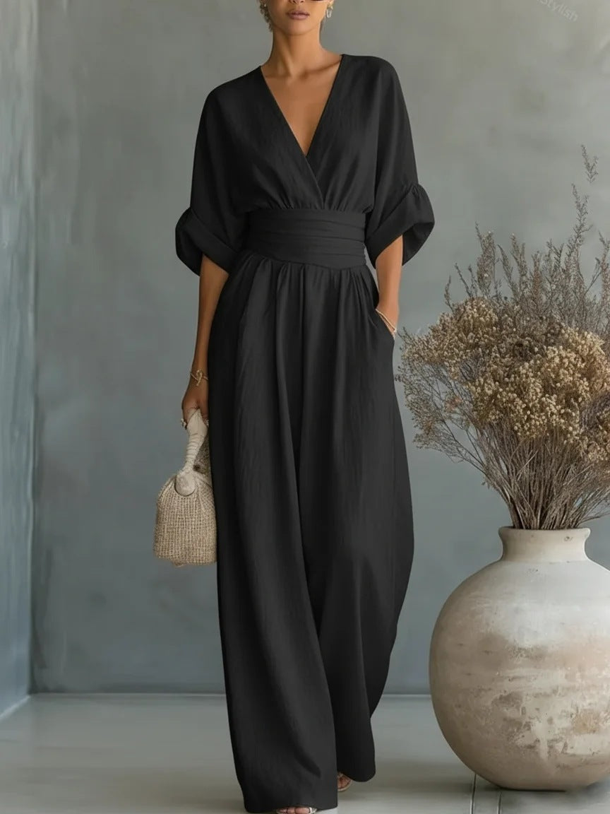 Combinaison Femme Élégante Décolleté V Coupe Fluide Jambes Larges