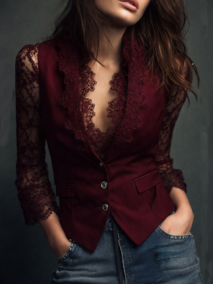 Bruxelle - Blouse Femme Élégante en Dentelle à Manches Transparentes