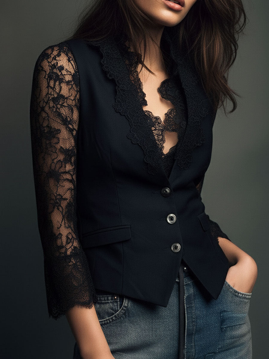 Bruxelle - Blouse Femme Élégante en Dentelle à Manches Transparentes