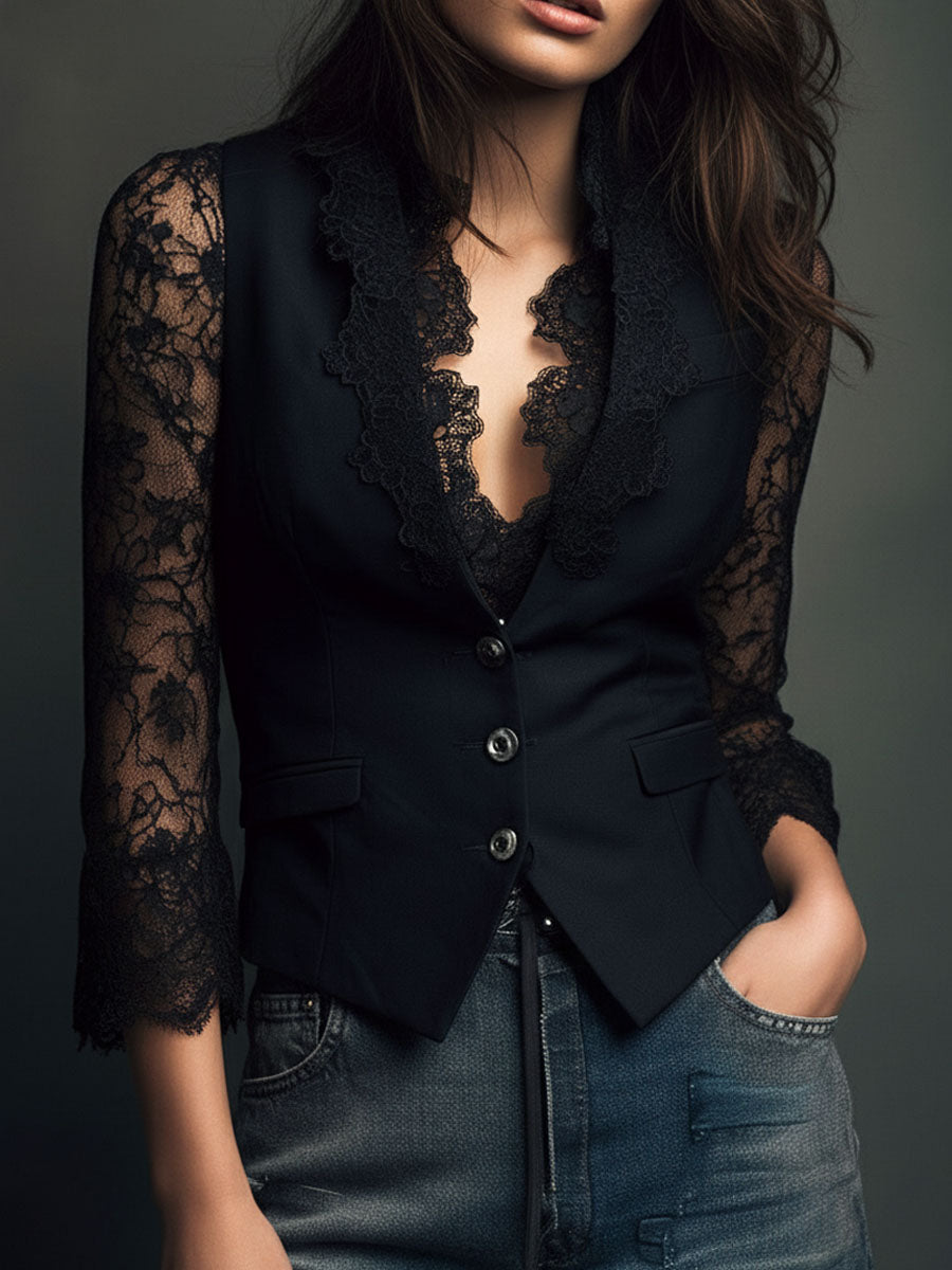 Bruxelle - Blouse Femme Élégante en Dentelle à Manches Transparentes