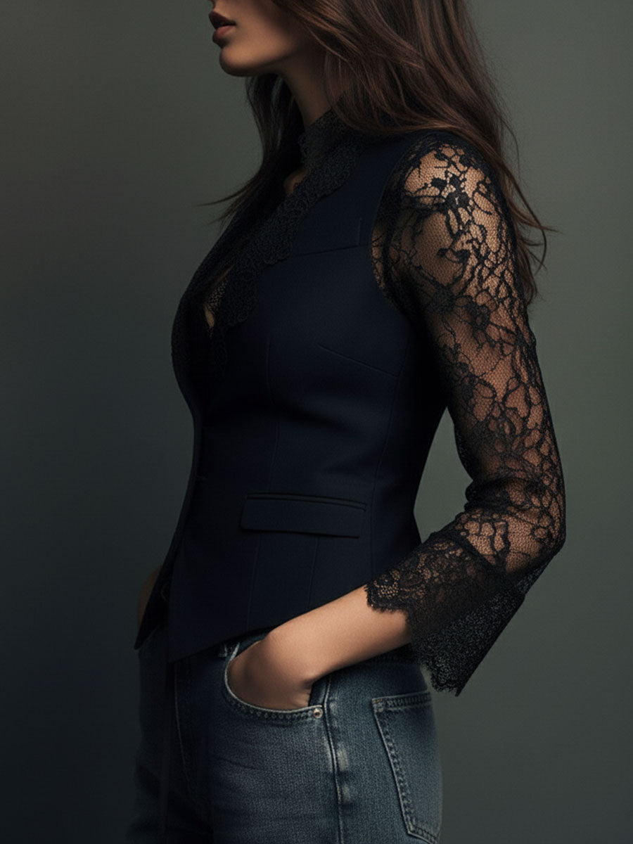 Bruxelle - Blouse Femme Élégante en Dentelle à Manches Transparentes