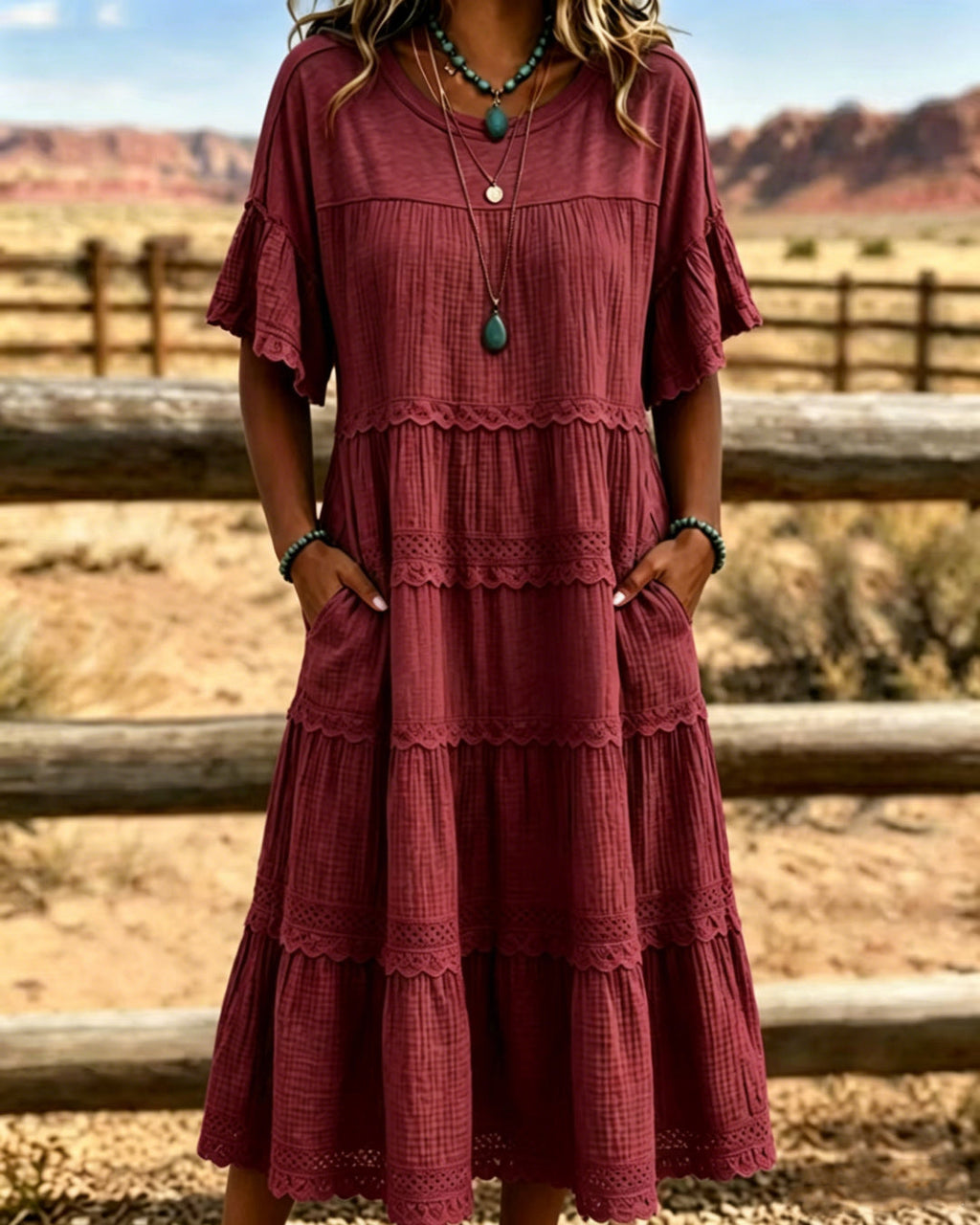 Rosalynne - Robe midi femme en coton et lin à volants