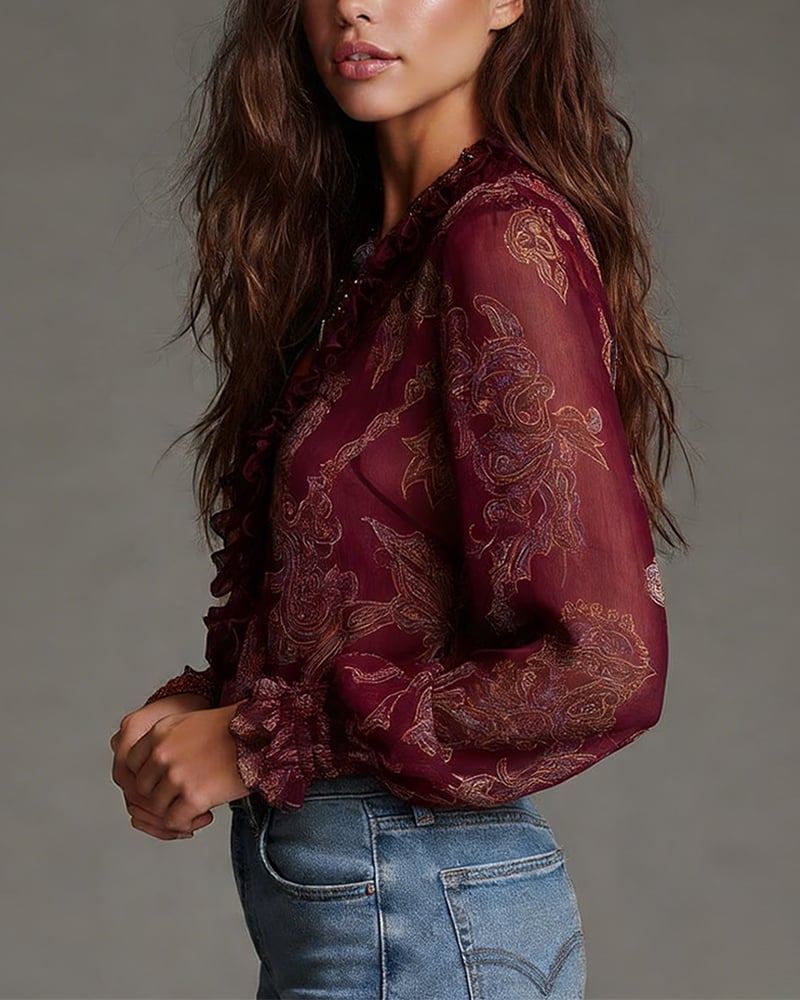Blouse Rétro à Volants à Mi-Zip