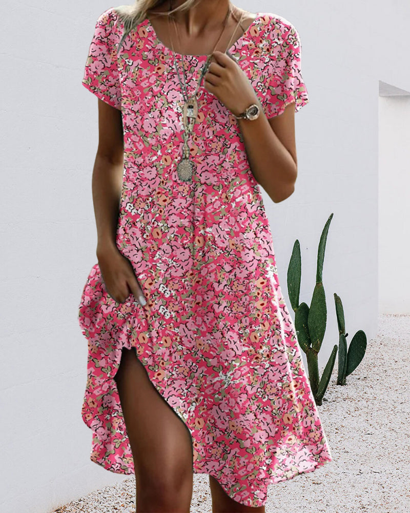 Robe Col Rond Manches Courtes Imprimé Fleuri