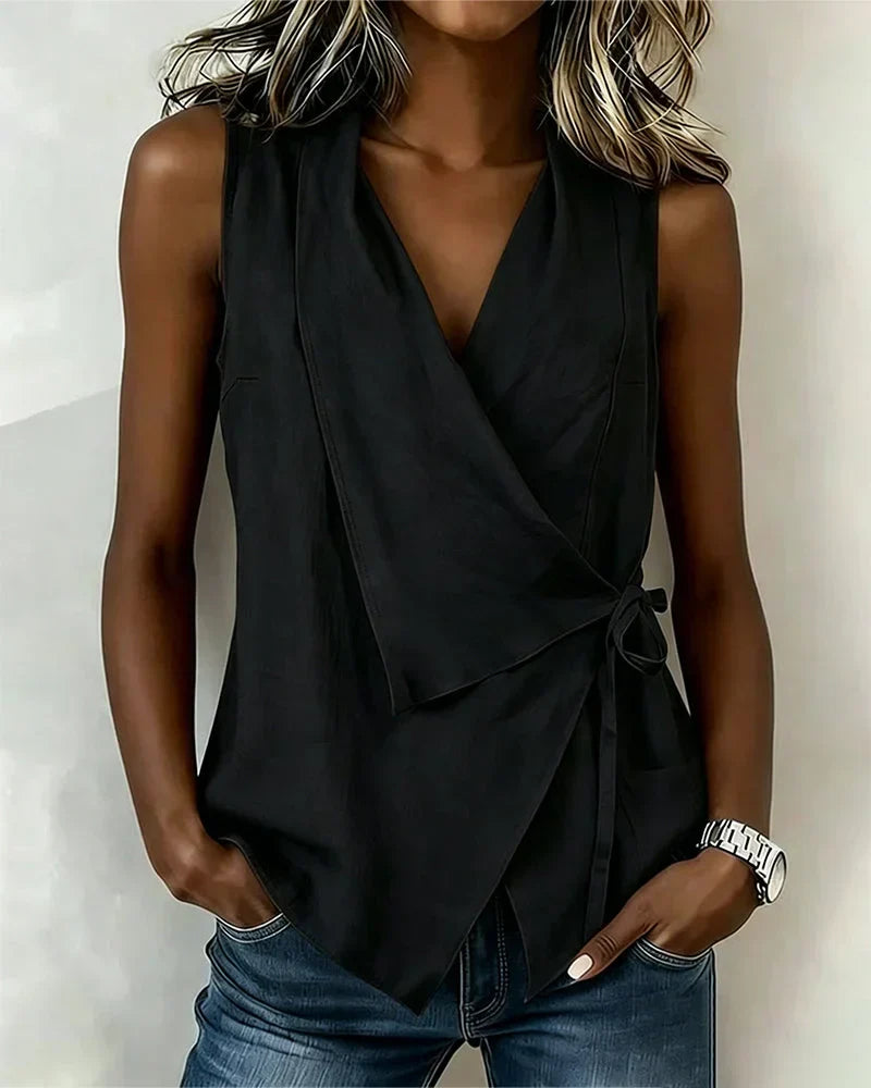 Sylethra - Top femme cache-cœur asymétrique sans manches été léger