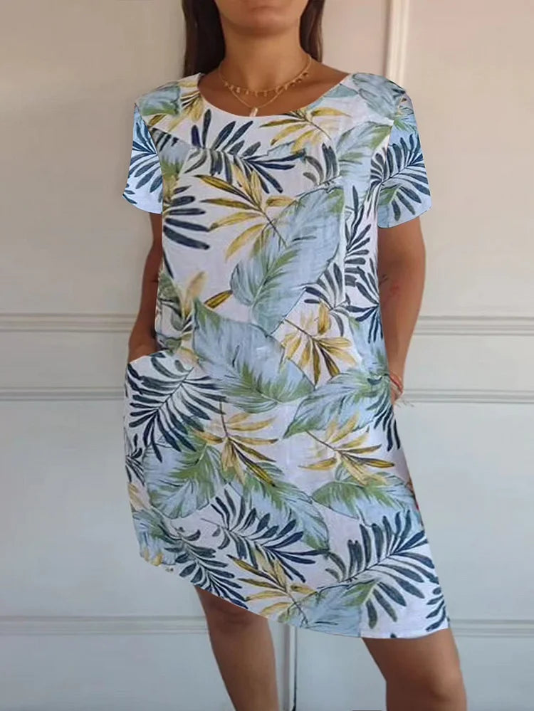 Robe d'été imprimée en coton et lin pour femmes avec poches