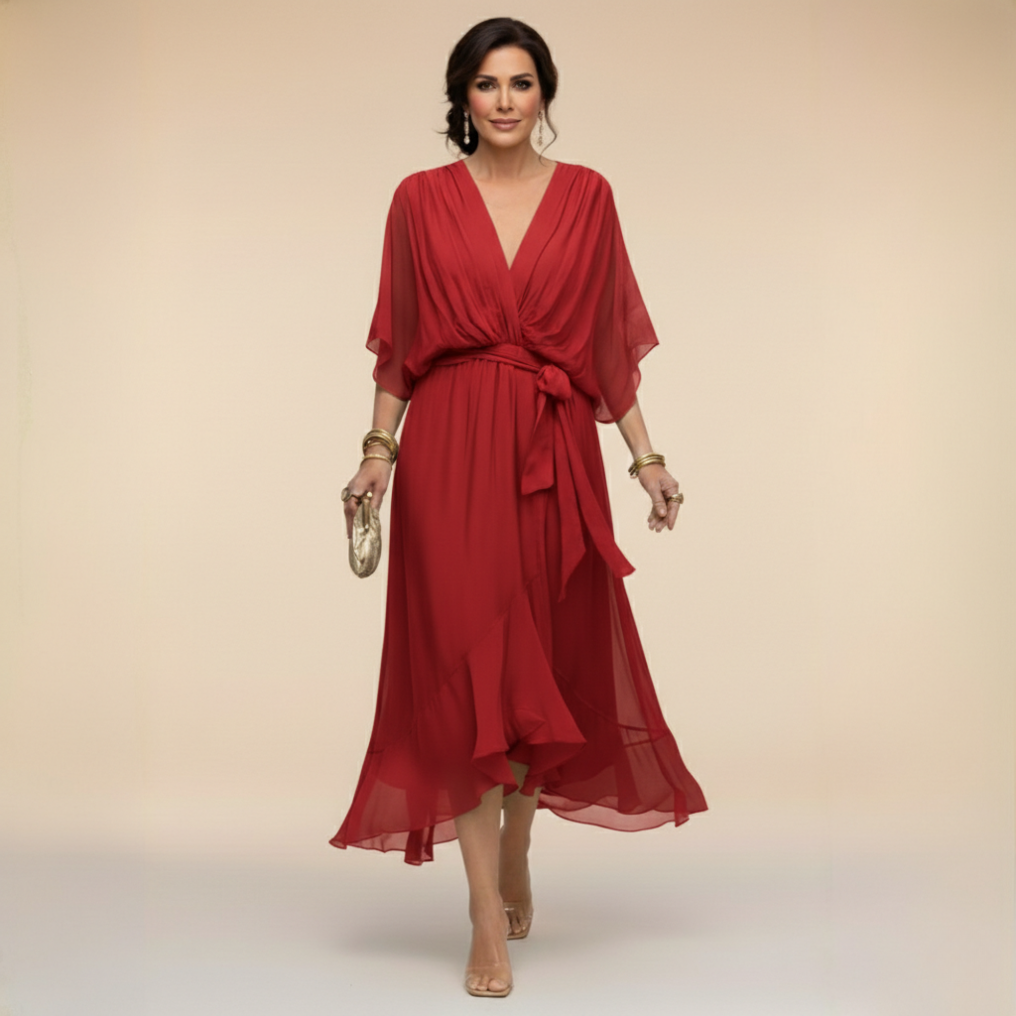 Robe Femme Chiffon Fluide Col V Coupe Élégante Ceinturée
