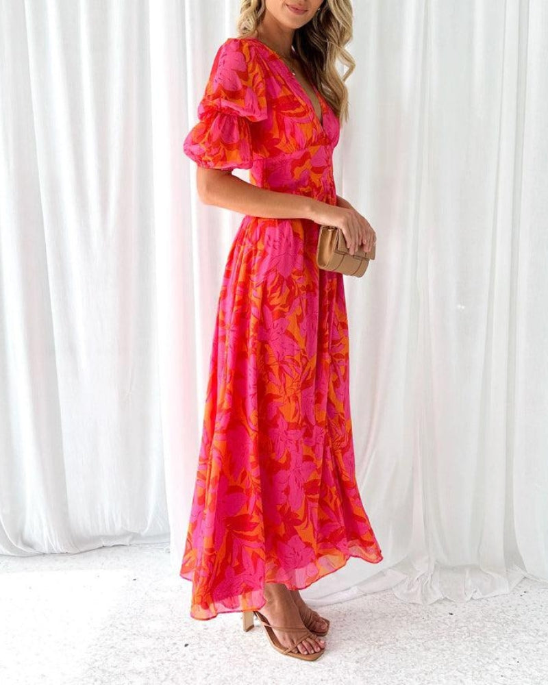 Robe Femme Longue Fluide Imprimée Col V Élégante Été