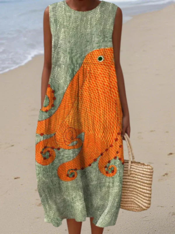 Tazira - Robe Femme Été Fluide Imprimé Artistique Sans Manches Confort Léger