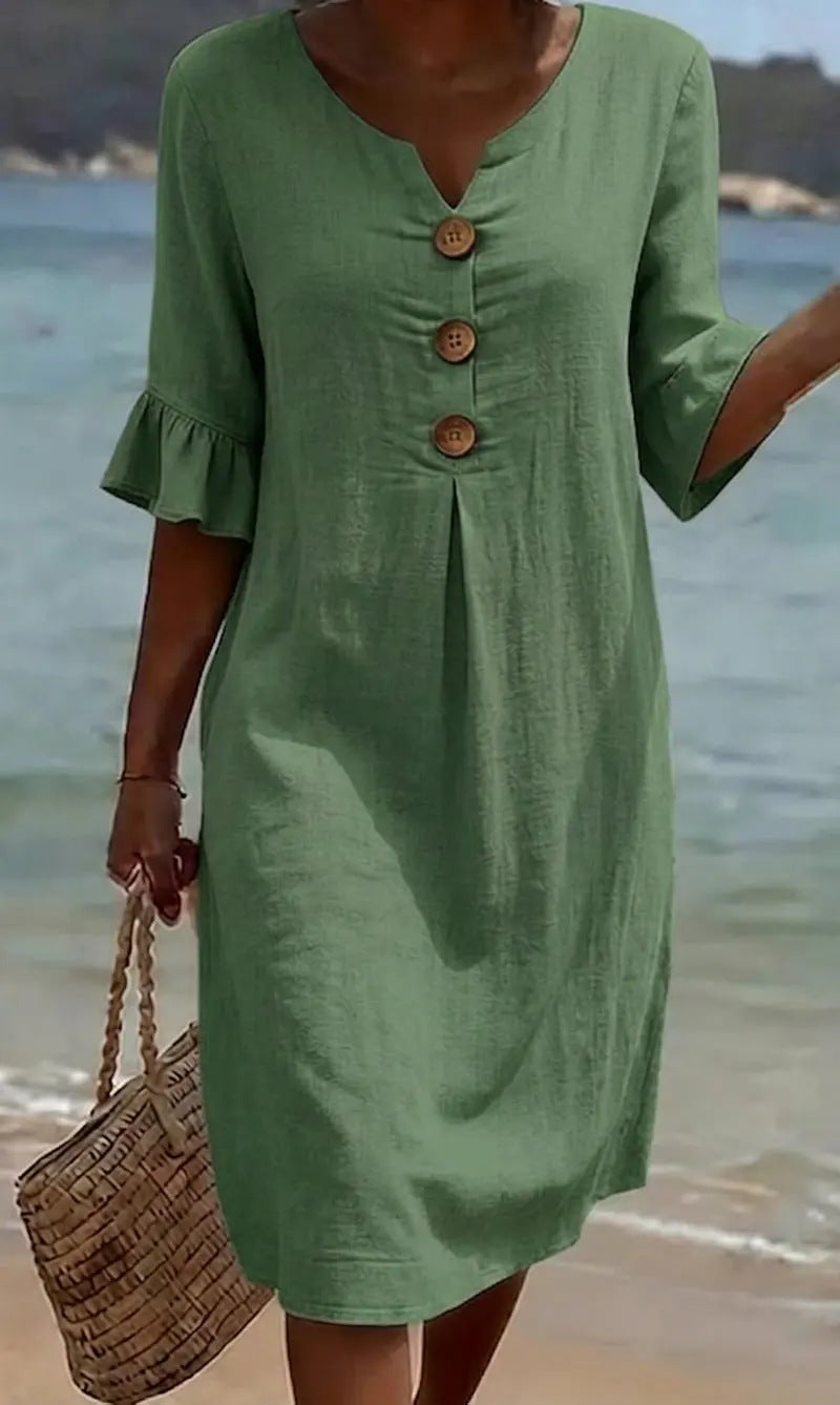 Beatrix - Robe Femme Coton Lin Coupe Fluide Boutons Manches Évasées Élégante